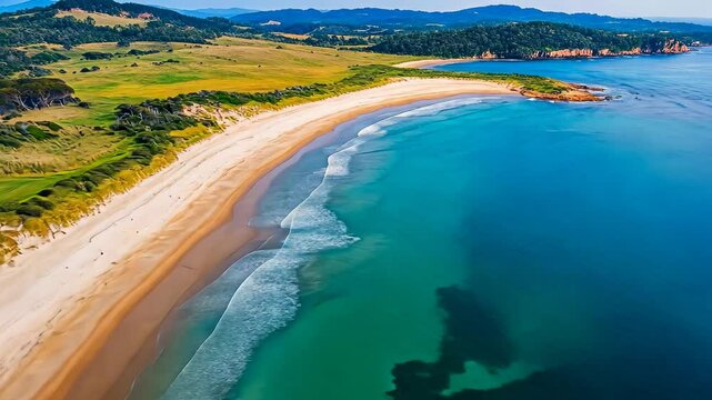 Scenic aerial view of sandy beach along Nelson Lagoon showcasing clear waters and lush green landscape, Aerial view of sandy beach of Nelson Lagoon near Tathra, Narooma, NSW Australia