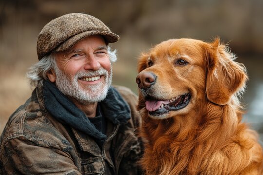 Smiling man enjoys a joyful moment with his golden retriever by the riverbank during a sunny afternoon