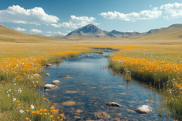 Fototapeta premium Mountain Stream Flows Through Wildflower Meadow