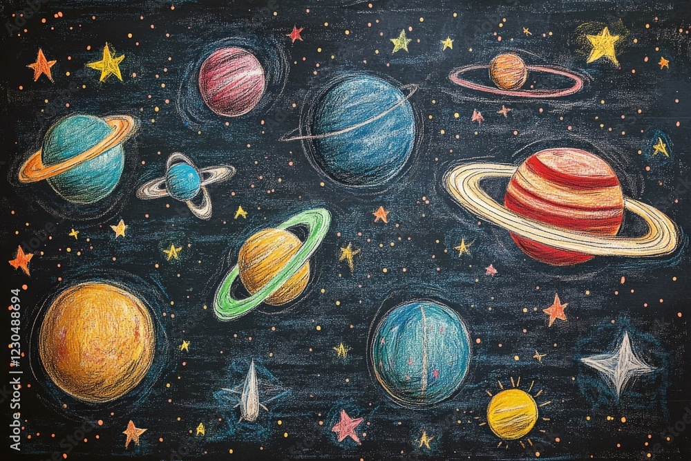 Poster colorful chalk drawing of planets and stars against a dark backdrop displaying the solar system