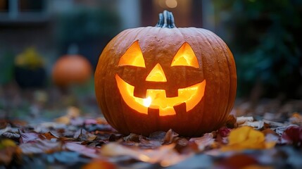 A pumpkin with a smiley face carved into it sits on the ground