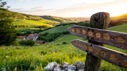 Obraz premium Scenic View with Directional Signpost at Sunset in Green Landscape