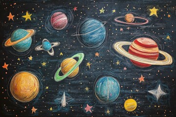 Colorful chalk drawing of planets and stars against a dark backdrop displaying the solar system