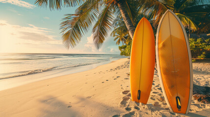 Sunset beach scene with two yellow surfboards, palm trees, and gentle waves. serene atmosphere invites relaxation and adventure