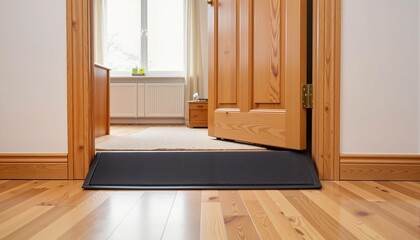Portable threshold ramp at the entrance of a room with wooden floor and door