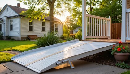 Wheelchair ramp leading to a house in a sunny backyard with blooming flowers