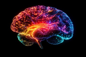 Colorful neural network representation illustrating brain activity in a digital style using vibrant lights and patterns