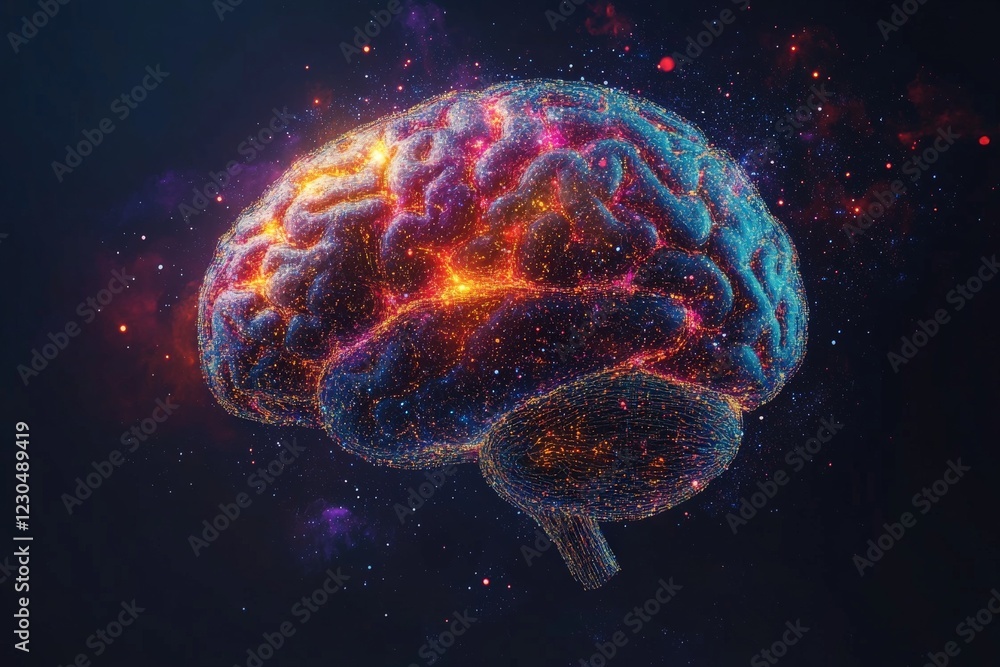 Fototapete colorful abstract representation of a brain illuminated by cosmic elements in a dark background