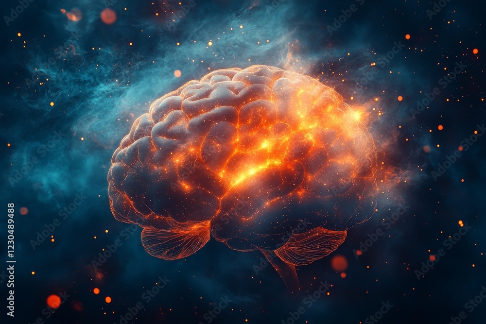 Poster Creative representation of a glowing brain surrounded by cosmic elements and vivid colors in a digital art style