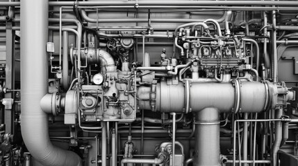 Complex industrial machinery close-up in monochrome.