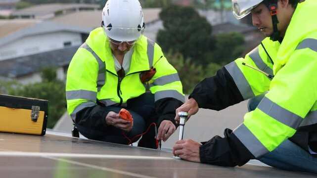 A dedicated solar technician, clad in a vibrant green uniform and equipped with a safety harness, diligently works on a solar roof, harnessing the sun's power to create a sustainable future.