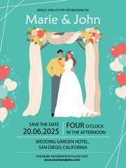 Happy newlyweds in wedding arch. Bride and groom, invitation to event template, cute romantic couple, people get married, vector poster