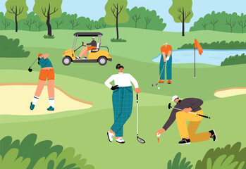 Happy people play golf on the green fields. Cute players roll balls into holes, cartoon golf club members with clubs, vector concept