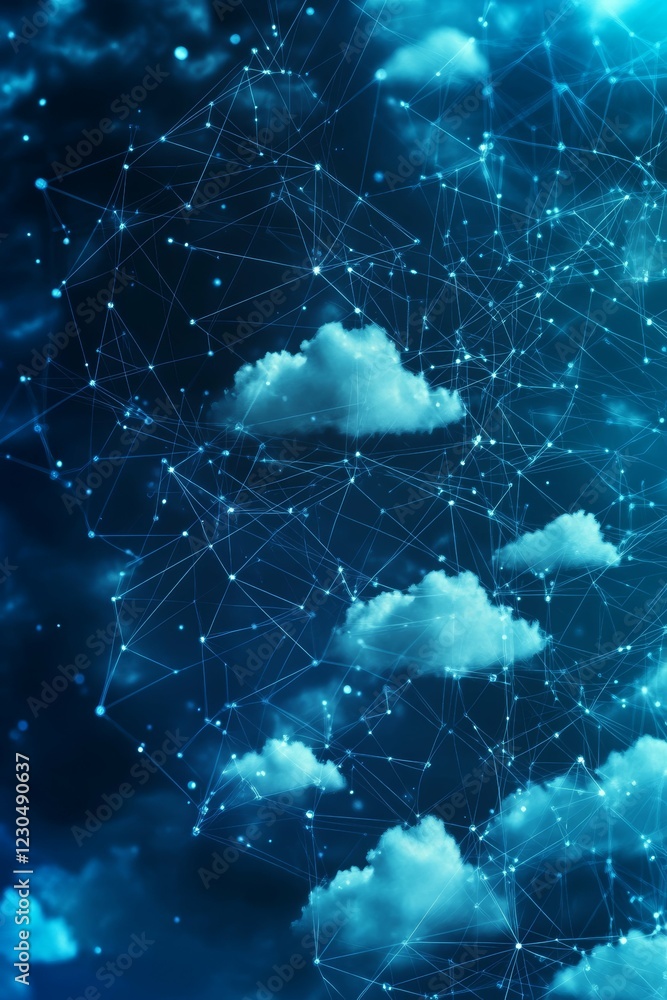 Poster innovative cloud computing and digital network connections in a virtual sky