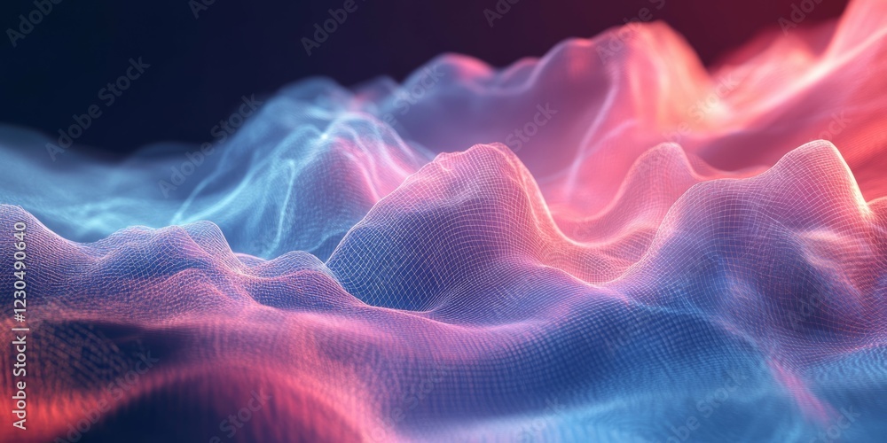 Poster digital abstract mesh waves in vibrant gradient hues representing technological innovations