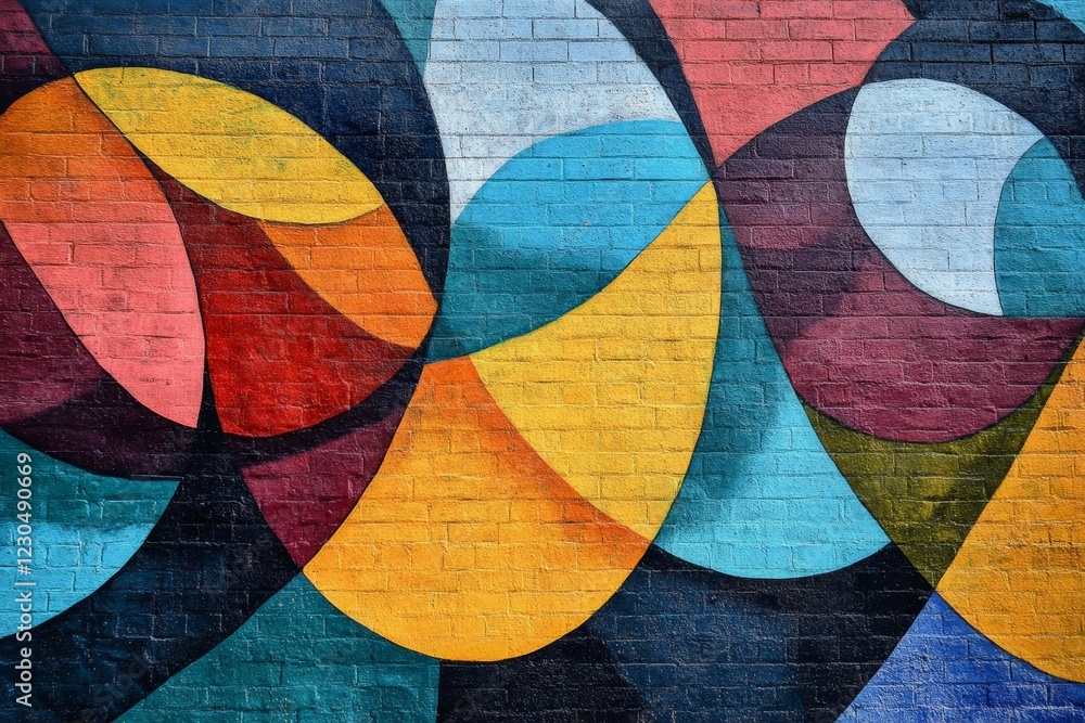 Aufkleber colorful abstract mural on a brick wall featuring vibrant shapes and patterns in an urban setting