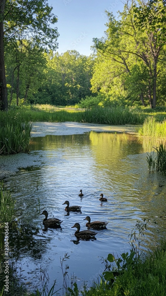 Poster five ducks glide smoothly across a serene pond, reflecting the vibrant greenery of trees and plants.
