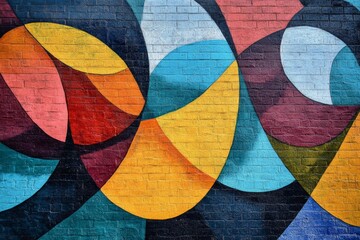 Fototapeta premium Colorful abstract mural on a brick wall featuring vibrant shapes and patterns in an urban setting