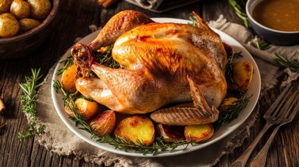 A perfectly roasted whole chicken with crispy skin and seasoned with herbs, served with a side of roasted potatoes and vegetables, Chicken centered