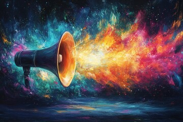 Colorful explosion of sound and creativity erupting from a megaphone in a cosmic background