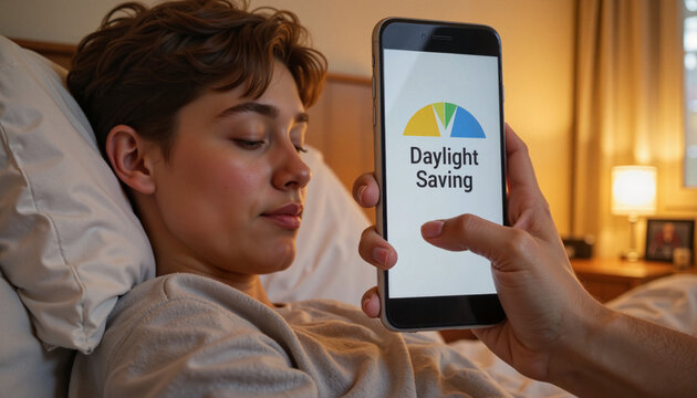 Sleepy teenager checking daylight saving alarm in cozy bedroom, morning alert - Powered by Adobe