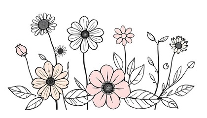 Hand-Drawn Floral Design with Leaves and Circles on White