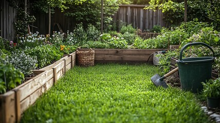 Serene Garden with Colorful Flowers and Wheelbarrow