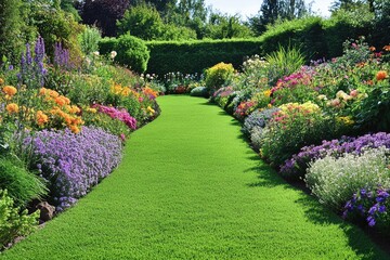A sprawling estate garden with perfectly manicured flowerbeds, the vibrant colors of the flowers standing out against the neatly trimmed hedges, creating a scene of elegance and beauty