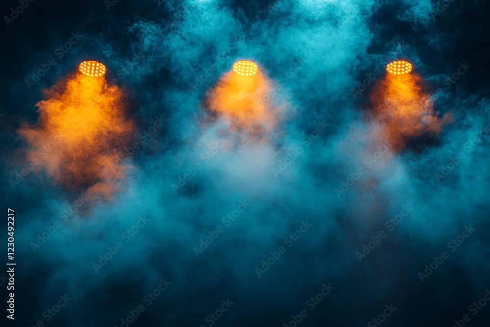 Poster Stage lights illuminate a foggy atmosphere during a performance or event at night