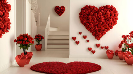 A Valentines Day-themed entryway with a heart-shaped welcome mat, red flower arrangements, and a statement wall with heart-shaped art pieces