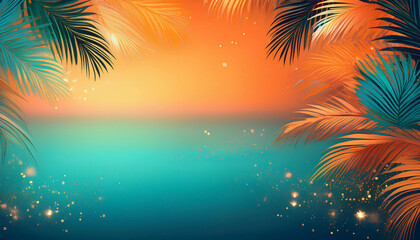 Tropical gradient background shifting from turquoise to sunset orange, adorned with subtle palm leaf silhouettes and soft sparkles, evoking a warm and vibrant vacation-inspired celebration