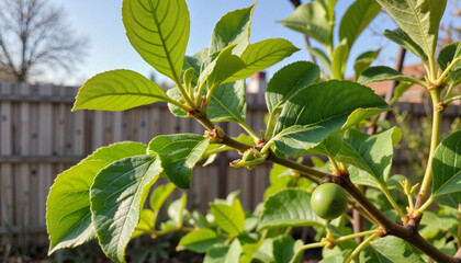 Obraz premium Vibrant fig tree leaf buds glowing in morning sunlight, nature's renewal