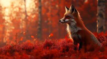 A fox is sitting in a red field