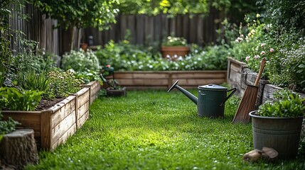 Serene Garden with Colorful Flowers and Wheelbarrow