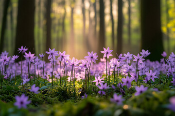 Purple Wildflowers in Forest at Sunrise
