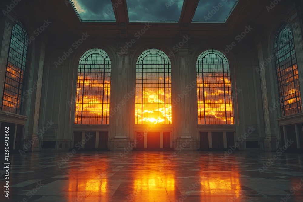 Aufkleber majestic sunset illuminating the grand hall with large windows in an empty space