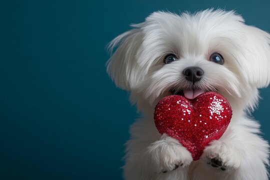 Lhasa apso - my beloved dog. Advertising idea. Cute lhasa apso canine with sparkling rhinestones red heart - emblem of love, funny greeting card. Valentine's romantic pet ideas. Red heart.