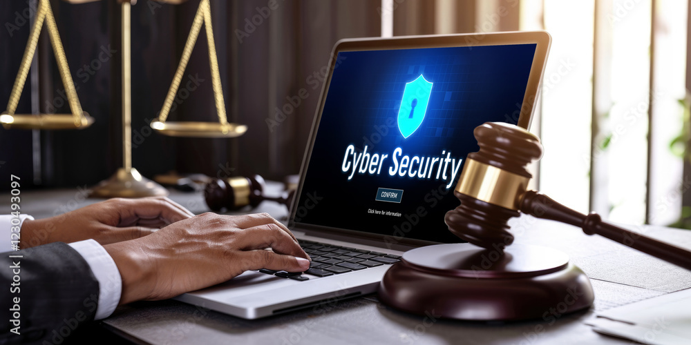 Poster cyber security system on computer screen protect private information brisk from hacker and cyber att