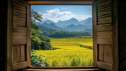 Golden Rice Fields and Majestic Mountains Viewed from a Rustic Window