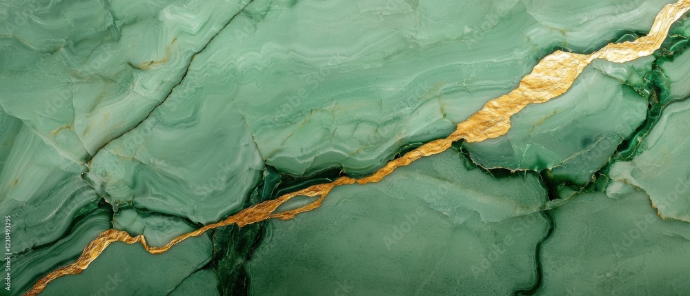 Aufkleber abstract painting with a green and gold color scheme. the background is made up of a mix of differen
