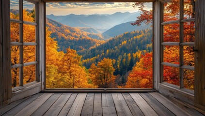 Autumnal Mountain Vista Through Rustic Window