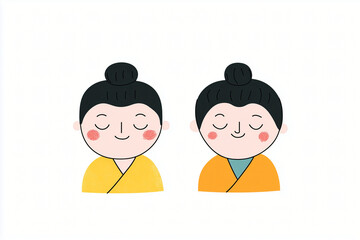 Fototapeta premium Serene Monk Portraits: Two minimalist illustrations of serene monks with topknot hairstyles, wearing traditional yellow robes, exuding peace and tranquility.
