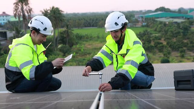 A dedicated solar technician, clad in a vibrant green uniform and equipped with a safety harness, diligently works on a solar roof, harnessing the sun's power to create a sustainable future.