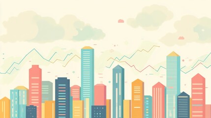 Skyscrapers with superimposed financial charts, symbolizing real estate market trends on a cloudy sky background, concept of market analysis