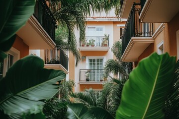 Lush greenery surrounds a tranquil courtyard in an apartment complex during midday
