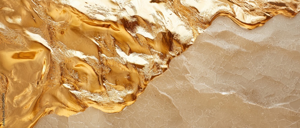 Poster abstract digital art piece that appears to be made up of different shades of gold and beige. the gol