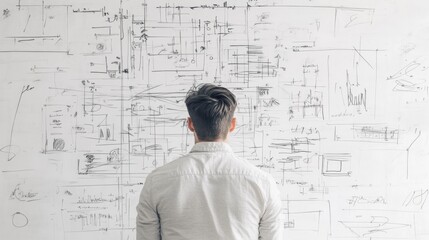 Man reviewing complex whiteboard diagrams.