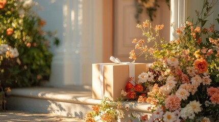 Gift Box Surrounded by Colorful Flowers on Sunlit Porch Step