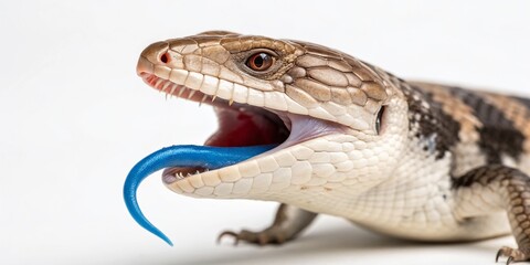 Fototapeta premium Vibrant Blue-Tongued Skink Macro Photo: Striking Blue Tongue Isolated on White