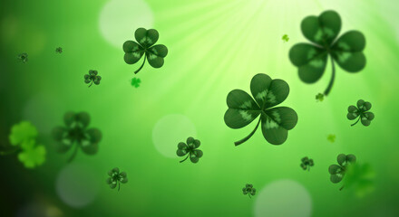 Fototapeta premium Vibrant Green Shamrocks Floating on Bright Background.St. Patrick's Day concept